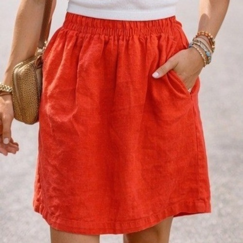 J.Crew Womens Small Red Linen Elastic Waist Skirt Natural Fibers Old Money Vacay